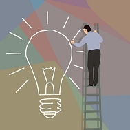 Ein Mann steht auf einer Leiter. Man sieht ihn von hinten. Neben ihm ist eine große Glühbirne auf die Wand gezeichnet. © pixabay