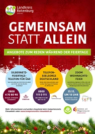Plakat mit verschiedenen Telefonnummern. Gemeinsam statt allein, Angebote zum reden während der Feiertage. © Landkreis Rotenburg (Wümme)