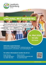 Palakt mit einem Kind, das die Hände vors Gesicht hält. Dazu ein Text, der zu einem Vortrag zum Thema Mobbing einlädt. © Landkreis Rotenburg (Wümme)